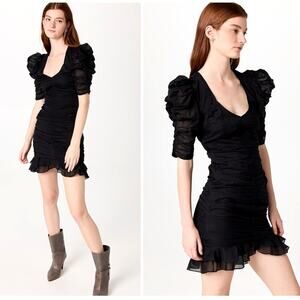 Isabel Marant Etolie 6 Sireny $590 Puff-sleeve Mini Dress Ruched Cotton Black 38